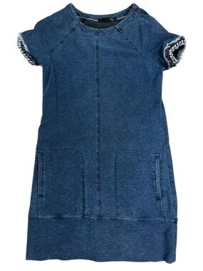 Max Jeans Blue Stretch Denim Shift Dress - Frayed Boho Cuffs medium wash Small